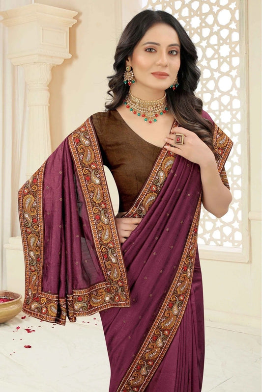 Wine Vichitra Silk Embroidery Saree NCSD11210874