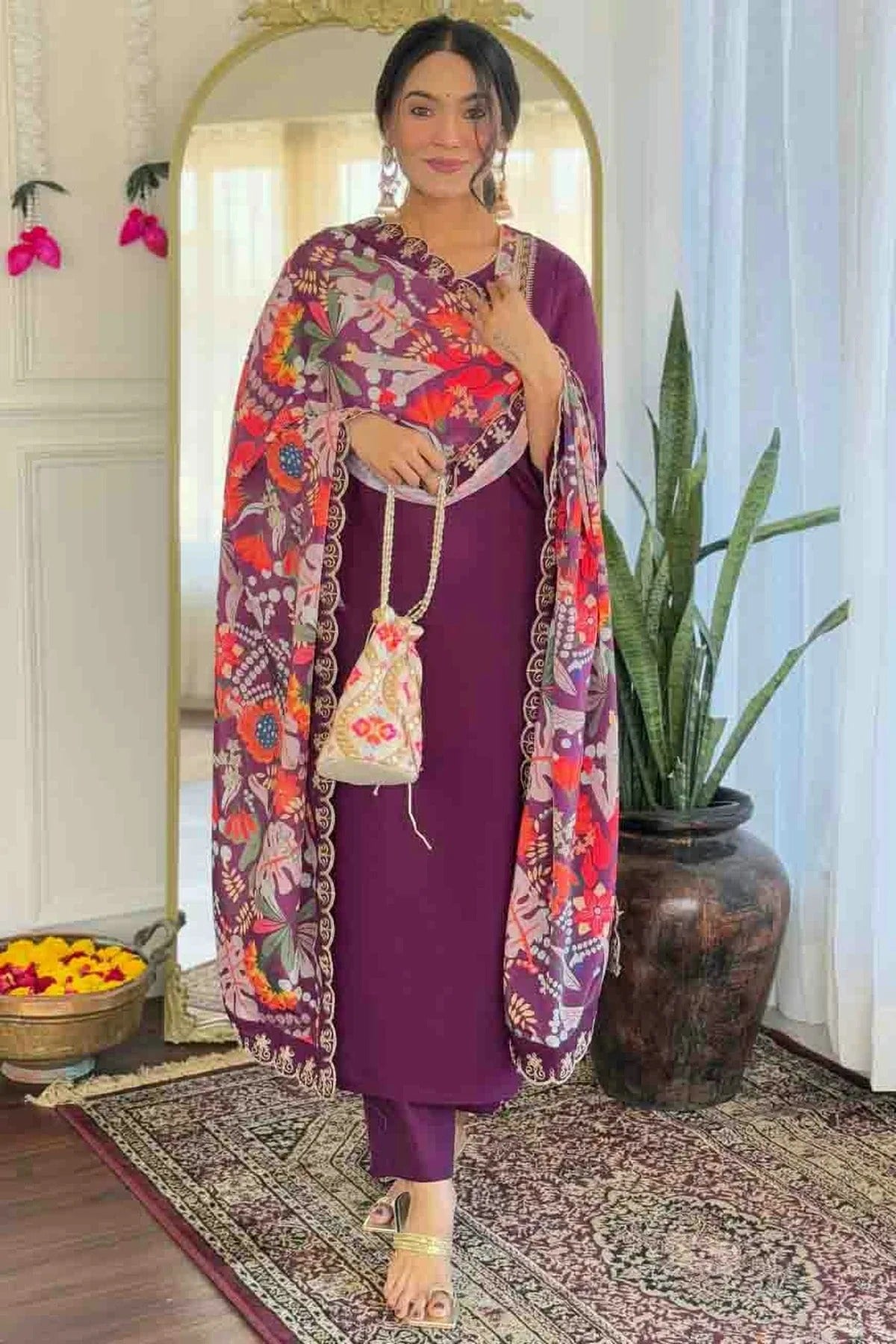 Wine Viscose Chanderi Embroidery Pant Style Suit NCSS11110316