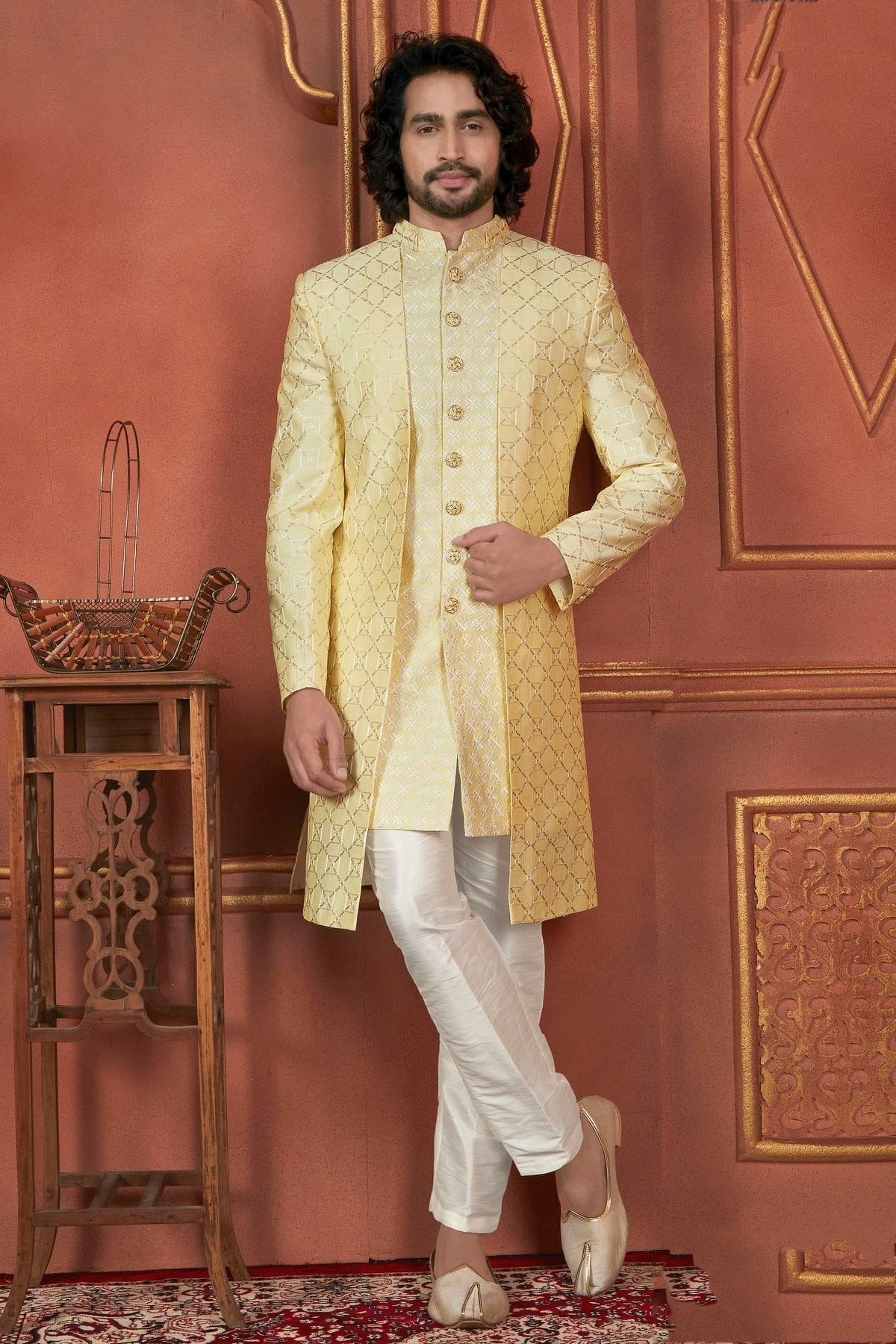 Yellow Art Silk Indowestern Sherwan With Aligadhi Pant NCSH12310287