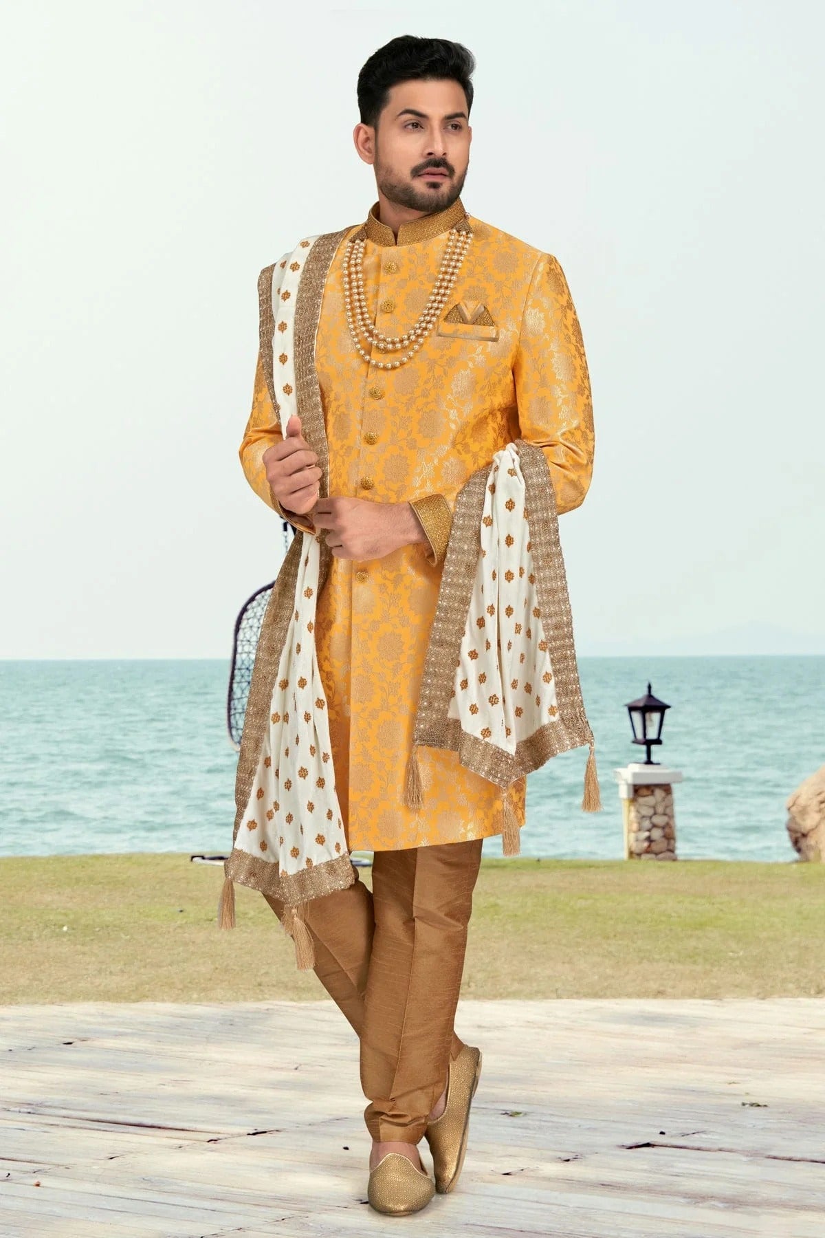 Yellow Banarasi Jacquard Indo Western Sherwani NCSH10410291