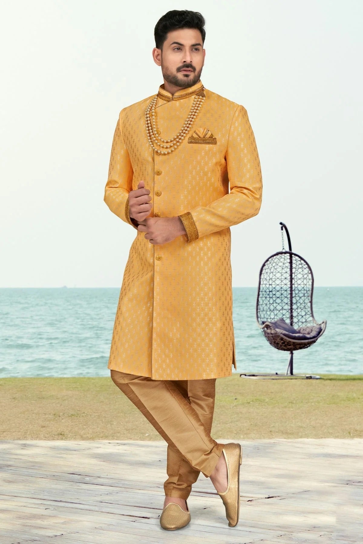 Yellow Banarasi Jacquard Sherwani NCSH10410282