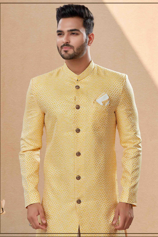Yellow Dhoti SherwaniIn Banarasi Jacquard NCSH10410526