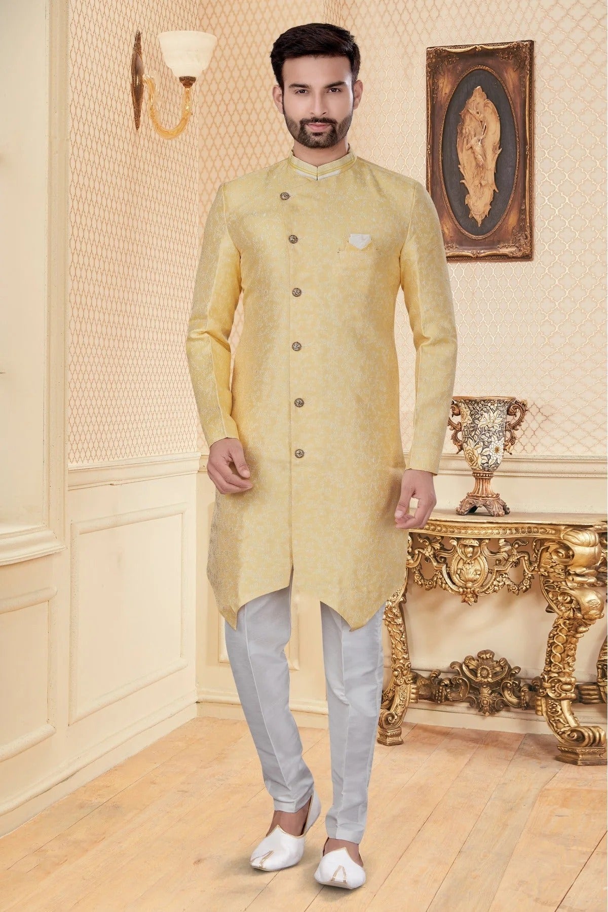 Yellow Jacquard Sherwani NCSH10410365