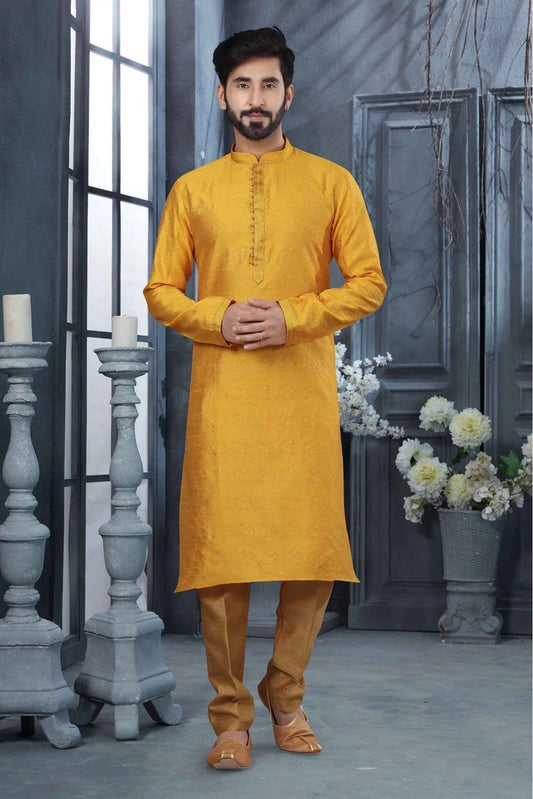 Yellow Kurta Pajama In Jacquard NCKP10410676