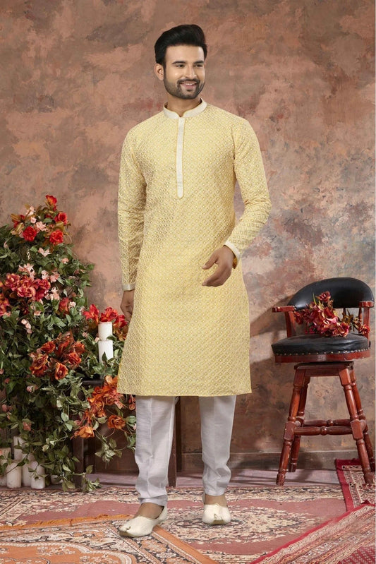 Yellow Kurta Pajama In Lucknowi NCKP10410707