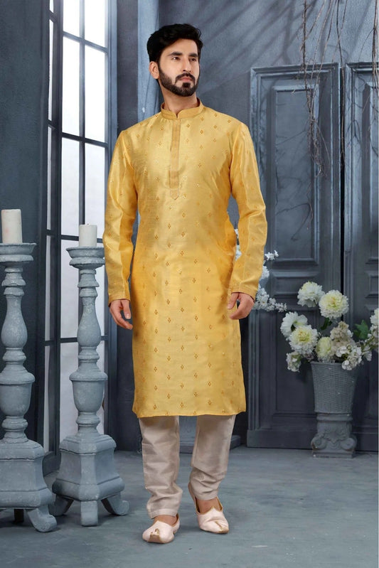Yellow Kurta Pajama In Silk NCKP10410682