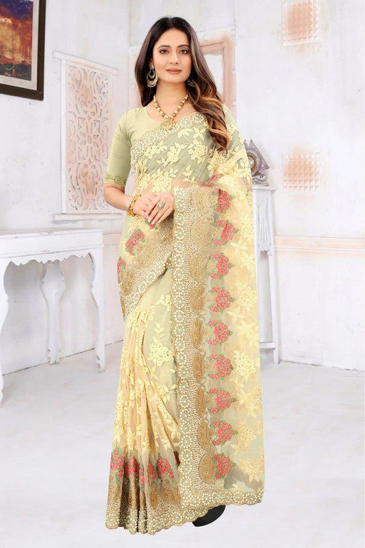 Yellow Net Embroidery Saree NCSD10910589
