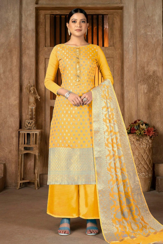 Yellow Unstitched Banarasi Jacquard Palazoo Pant Suit NCUS11610171
