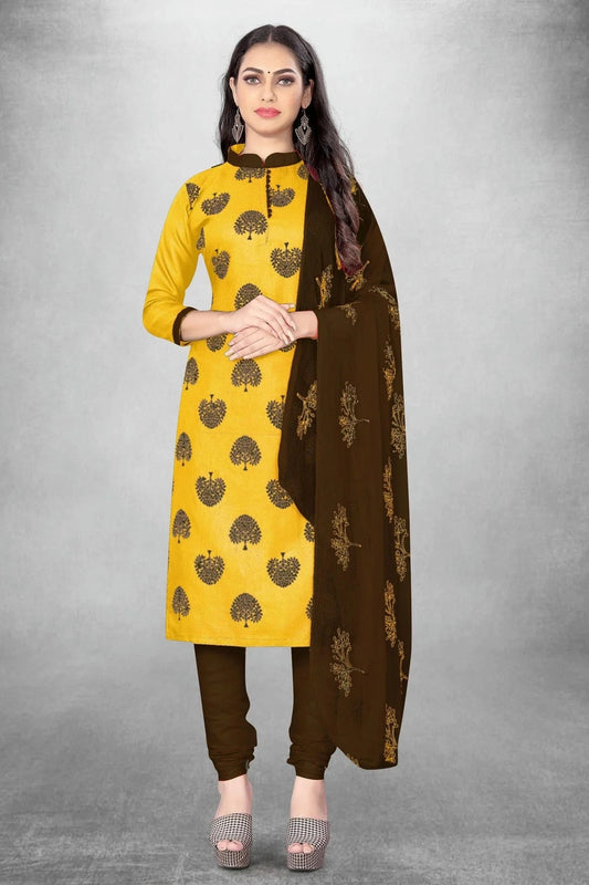 Yellow Unstitched Slub Cotton Churidar Suit NCUS11610441