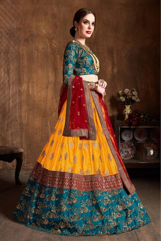 Yellow and Teal Banarasi Silk Lehenga Choli NCLC10110310