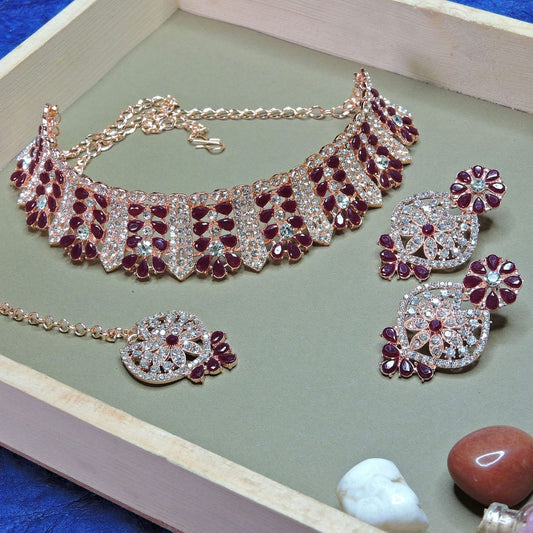Alloy Choker Necklace Set In Maroon NCNS12510223