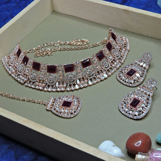 Alloy Choker Necklace Set In Maroon NCNS12510273