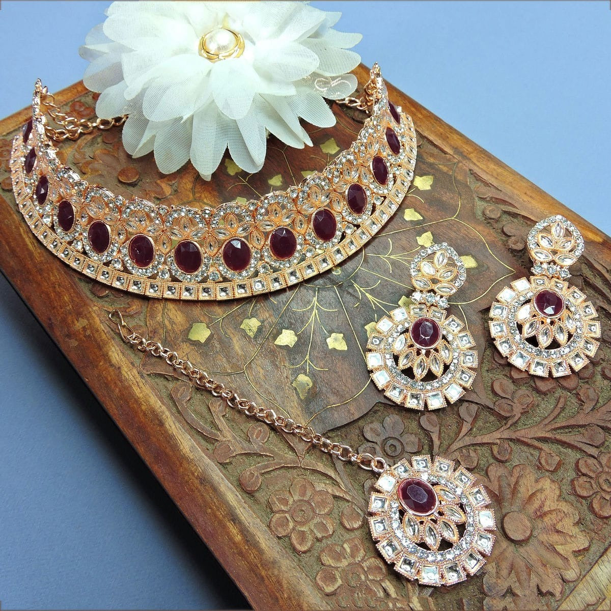 Alloy Choker Necklace Set In Maroon NCNS12510286