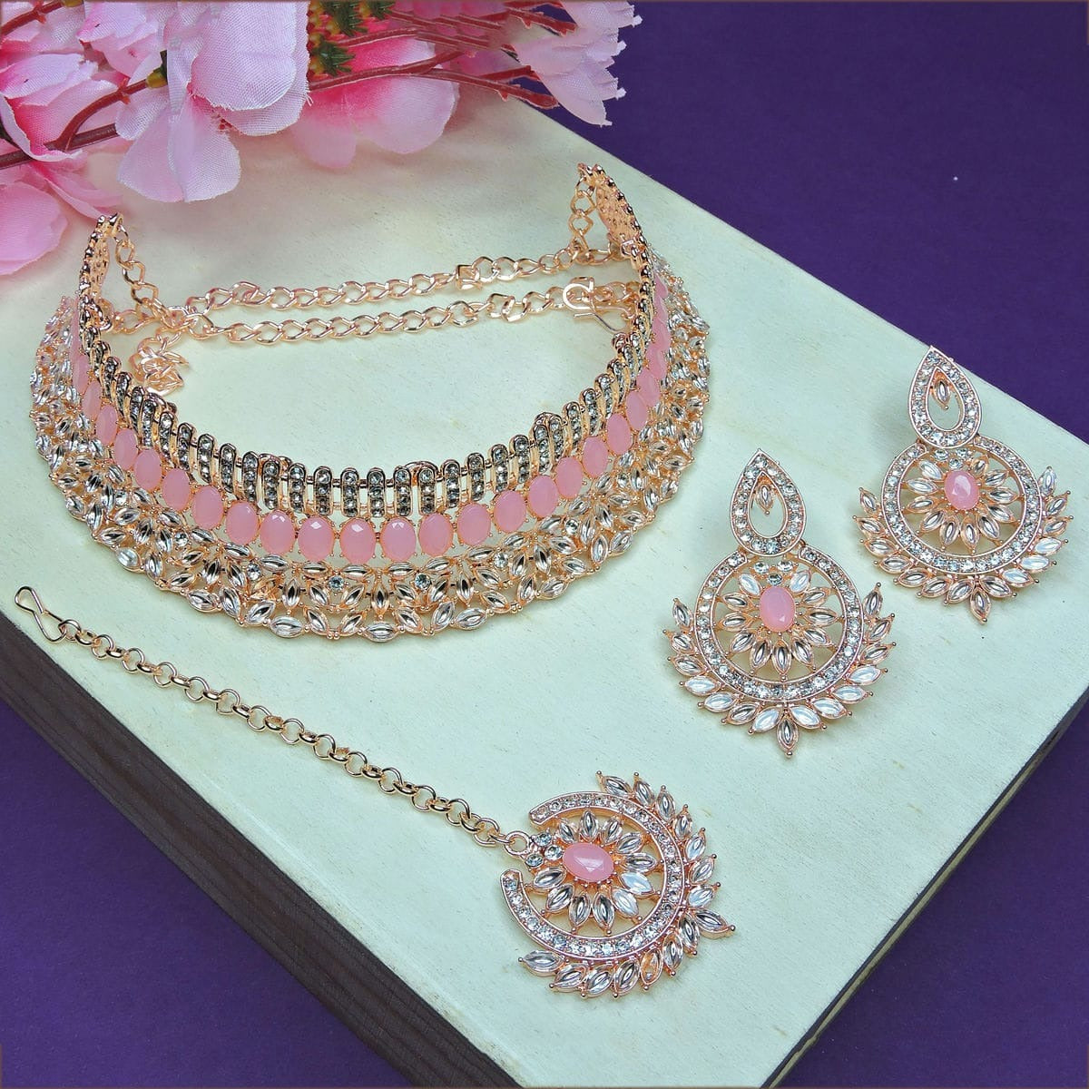 Alloy Choker Necklace Set In Pink NCNS12510296