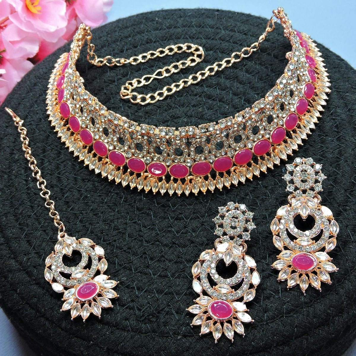 Alloy Choker Necklace Set In Rani Pink NCNS12510229