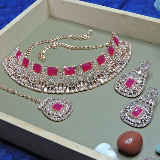 Alloy Choker Necklace Set In Rani Pink NCNS12510266