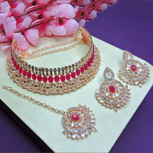 Alloy Choker Necklace Set In Rani Pink NCNS12510293