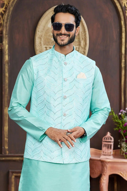 Aqua Blue Art Silk Kurta PajamaWith Jacket  NCKP12310112