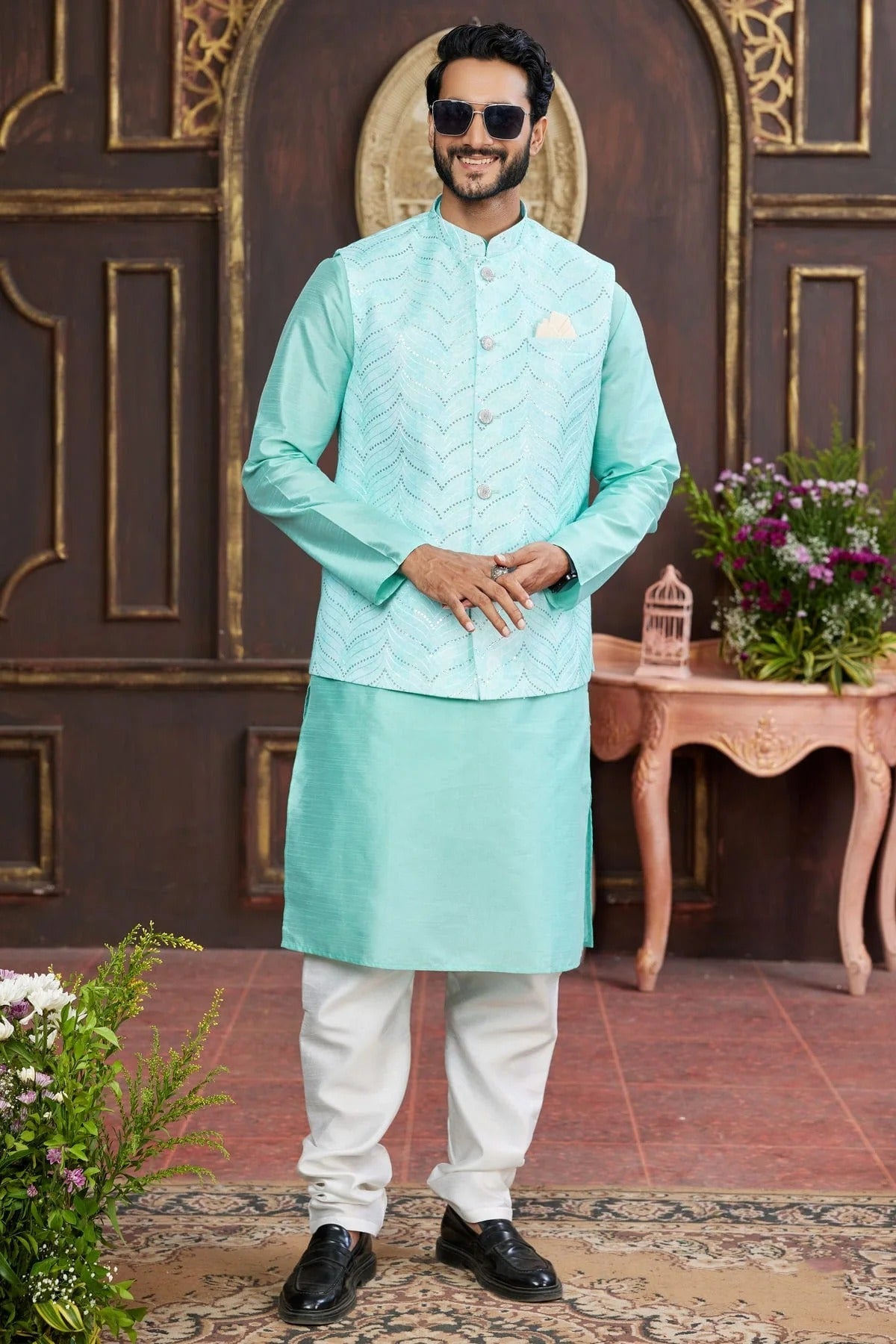 Aqua Blue Art Silk Kurta PajamaWith Jacket NCKP12310112