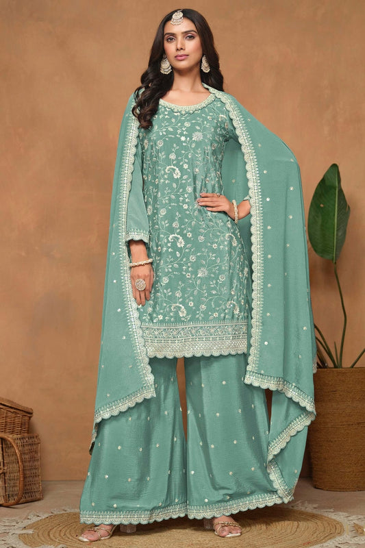 Aqua Blue Chinon Palazzo Pant Suit NCSM10510202