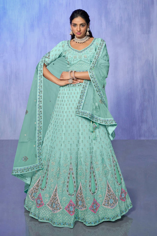 Aqua Blue Embroidery Georgette Lehenga Choli NCLD10810308