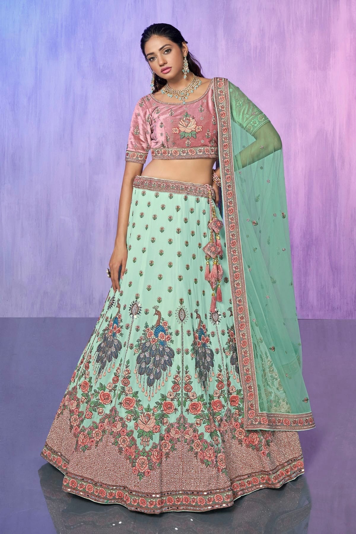 Aqua Blue Embroidery Velvet Lehenga Choli NCLD10810306