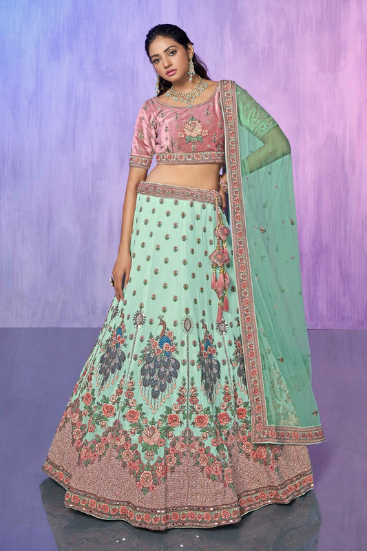 Aqua Blue Embroidery Velvet Lehenga Choli NCLD10810306