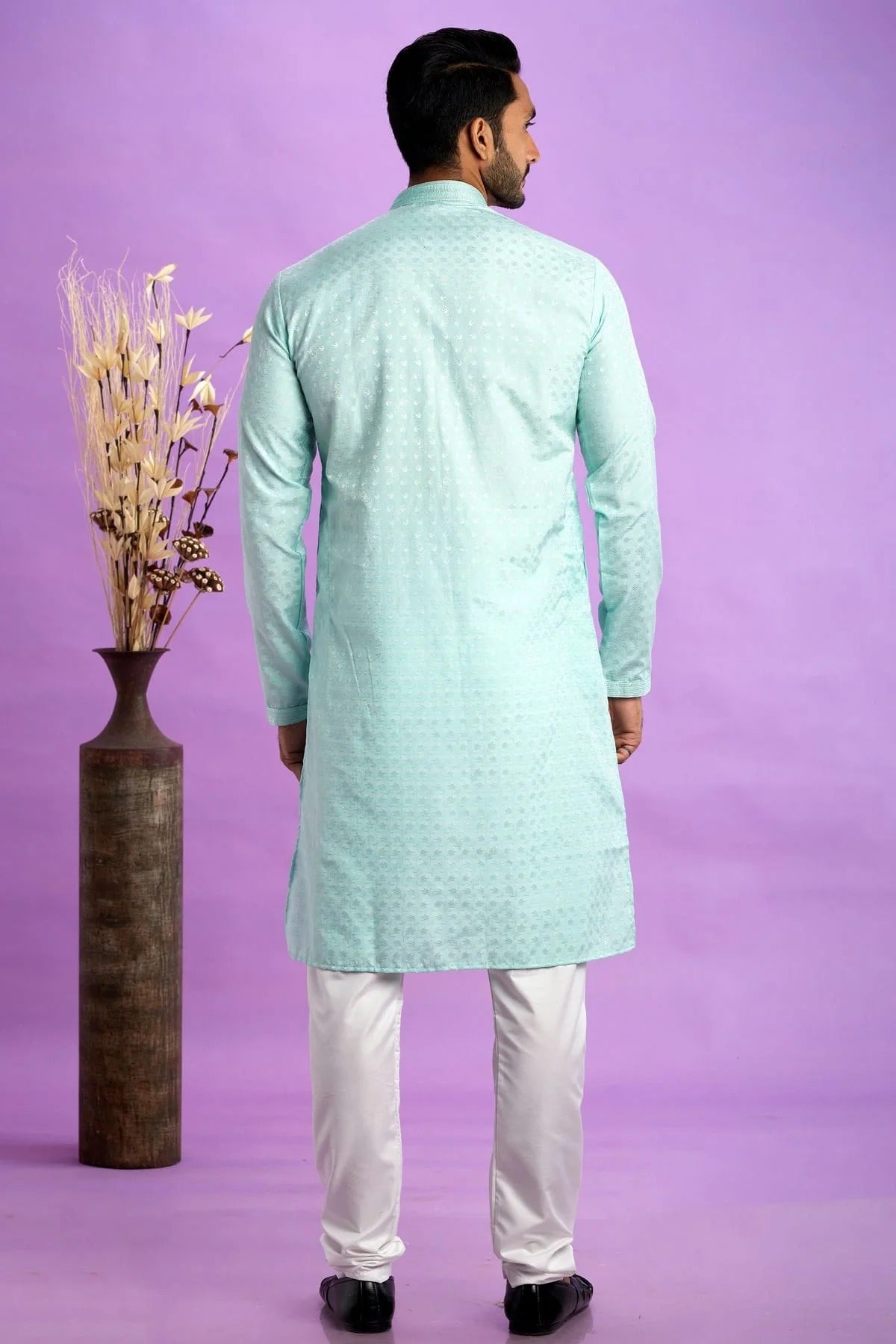 Aqua Blue Jacquard Art Silk Pintex Kurta Pajama NCKP12310178