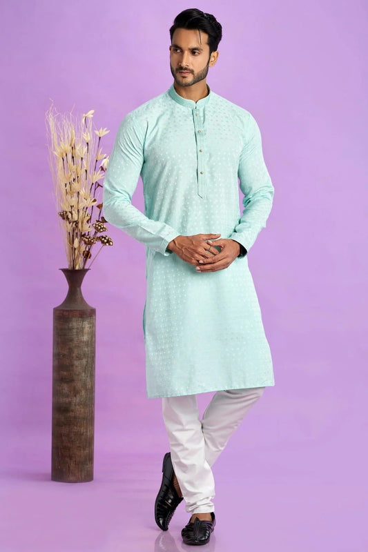 Aqua Blue Jacquard Art Silk Pintex Kurta Pajama NCKP12310178