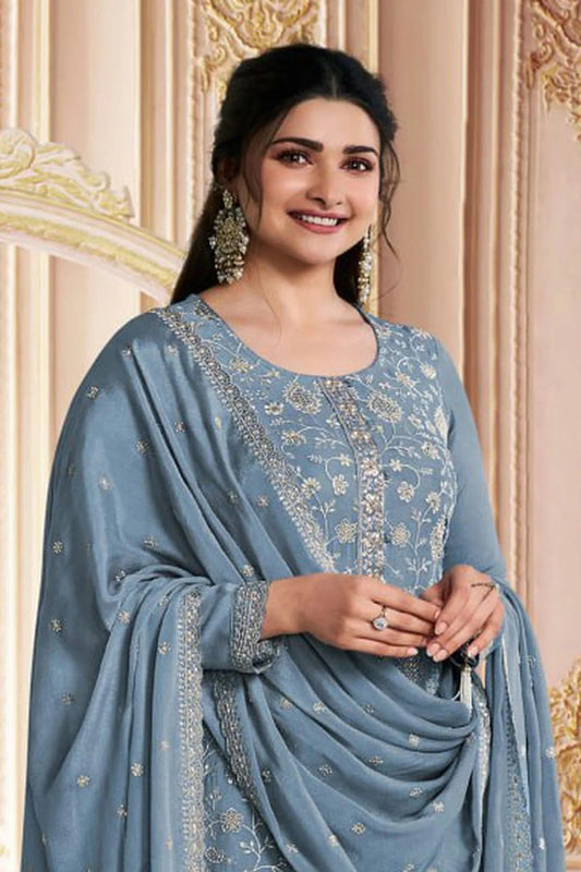 Aqua Blue Semi Stitched Chinon Silk Pant Style Suit NCSM11410498