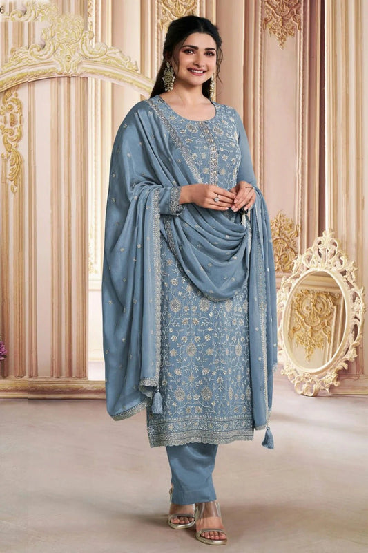 Aqua Blue Semi Stitched Chinon Silk Pant Style Suit NCSM11410498