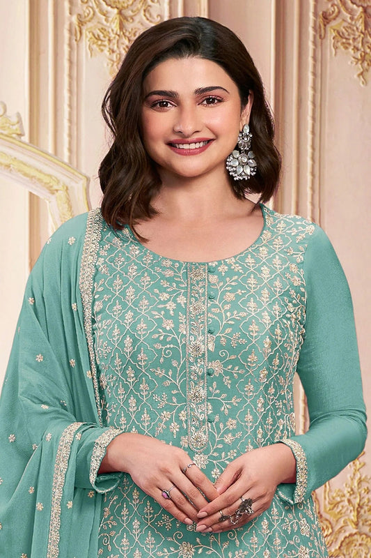 Aqua Blue Semi Stitched Faux Georgette Pant Style Suit NCSM11410475