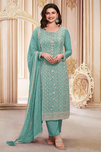 Aqua Blue Semi Stitched Faux Georgette Pant Style Suit NCSM11410475