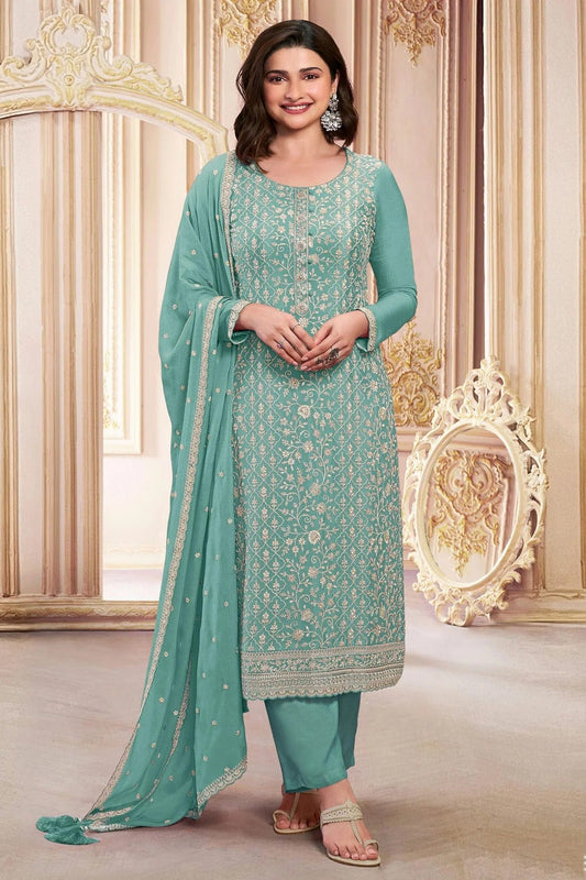 Aqua Blue Semi Stitched Faux Georgette Pant Style Suit NCSM11410475