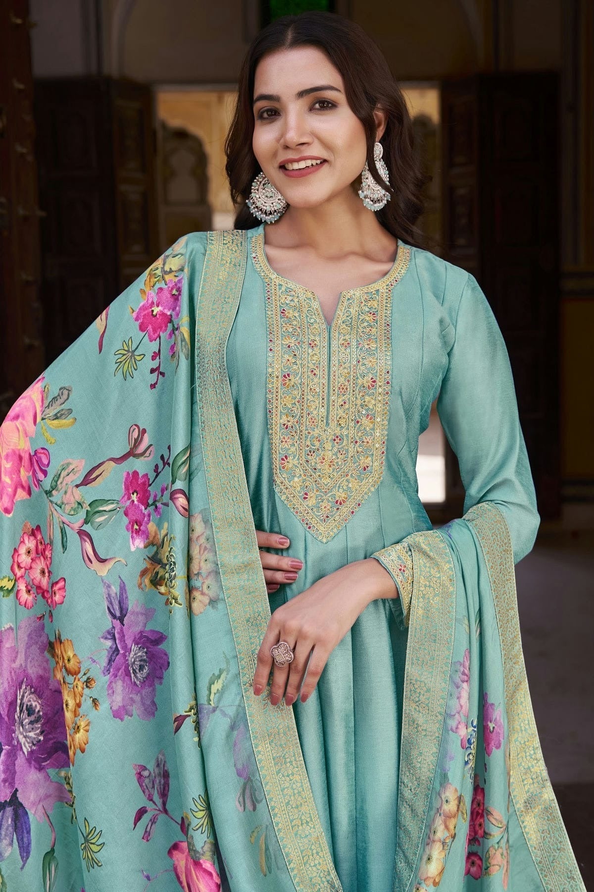 Aqua Blue Semi Stitched Silk Anarkali Suit NCSM11410487