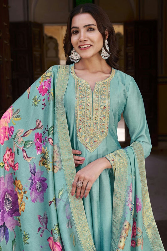 Aqua Blue Semi Stitched Silk Anarkali Suit NCSM11410487