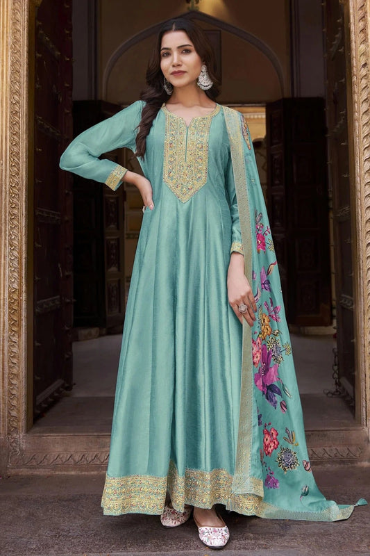 Aqua Blue Semi Stitched Silk Anarkali Suit NCSM11410487