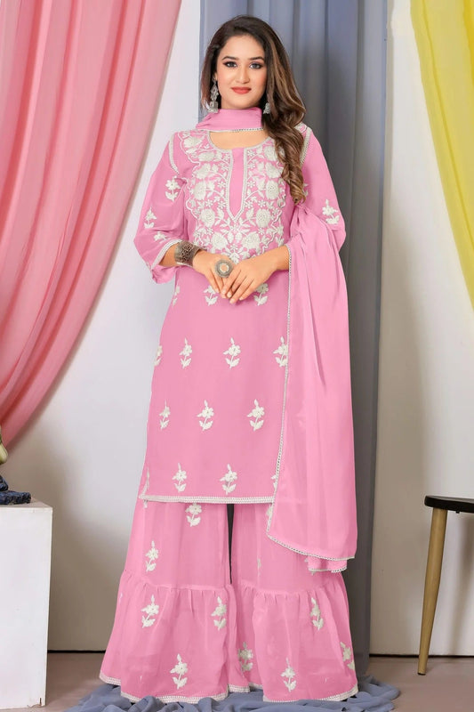 Baby Pink Bamber Georgette Sharara Suit NCSM11112338