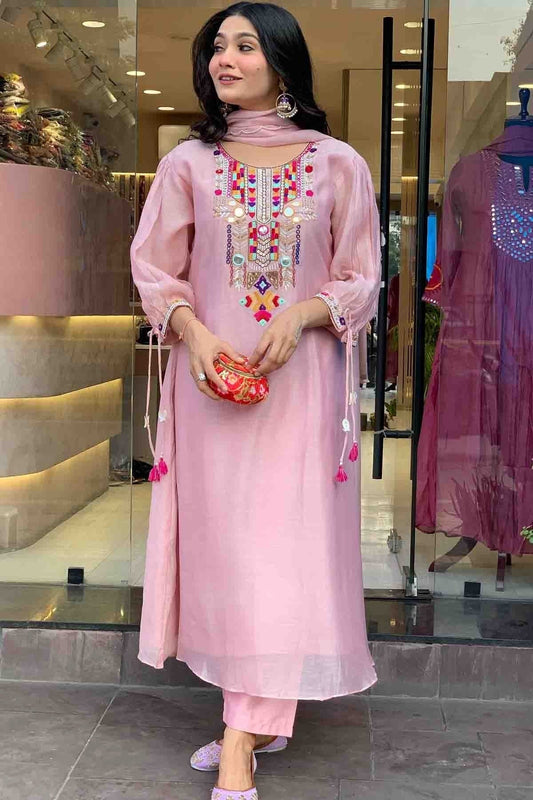 Baby Pink Chanderi Silk Stitched Suit NCSS11110679