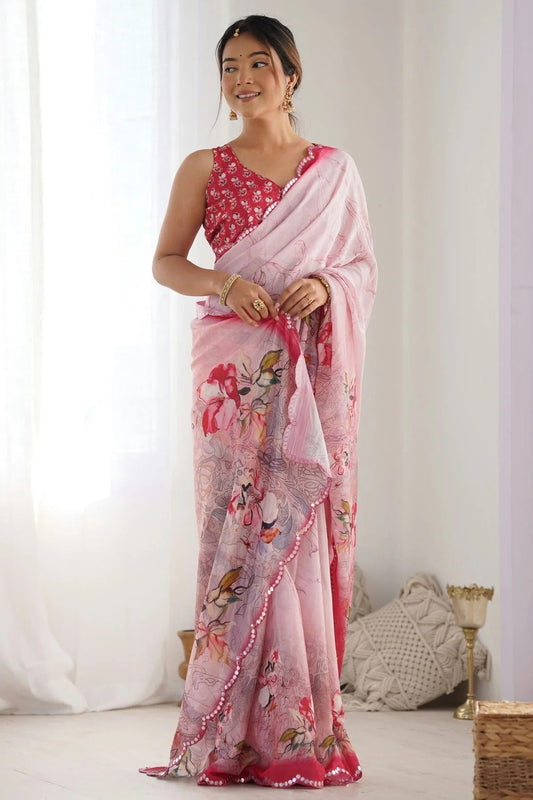 Baby Pink Chinon Printed Saree NCSD11111552