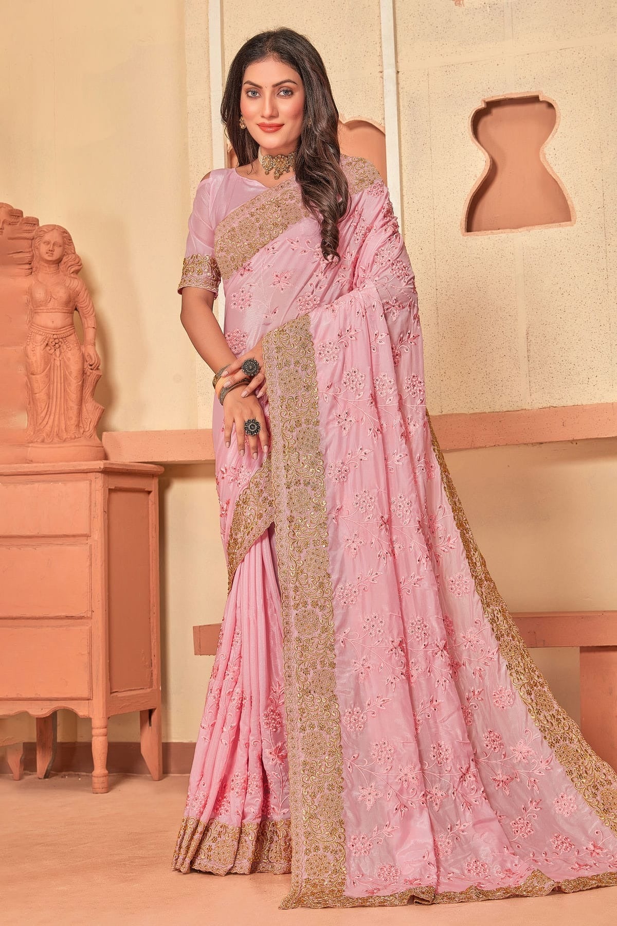 Baby Pink Crepe Silk Designer Saree NCLC11210343
