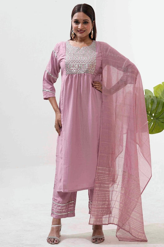 Baby Pink Embroidery Roman Silk Pant Style Suit NCSS11110481
