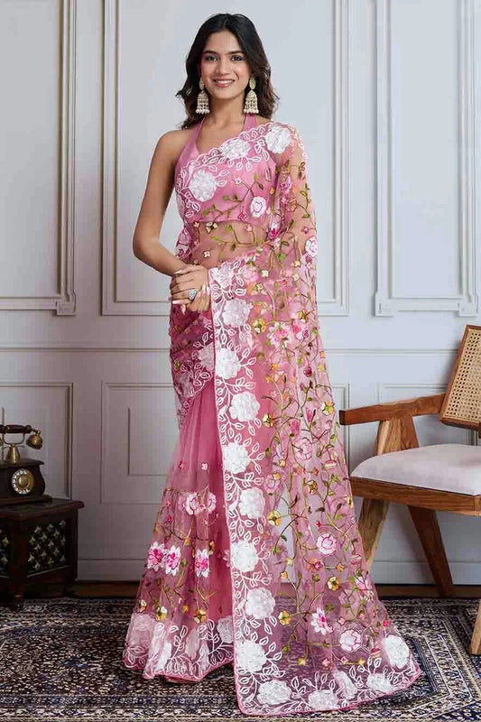Baby Pink Embroidery Soft Net Designer Saree NCSD11110588