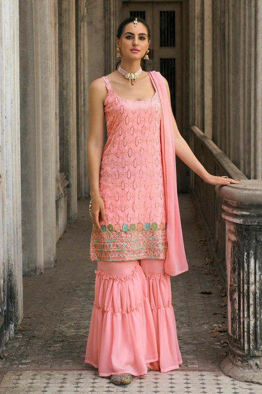 Baby Pink Faux Georgette Sharara Suit NCSM11410570