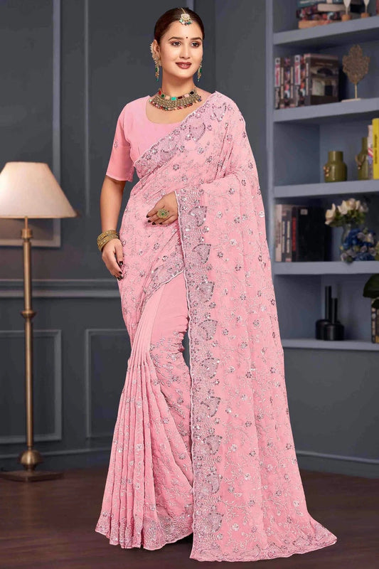 Baby Pink Georgette Embroidery Designer Saree NCSD10910103