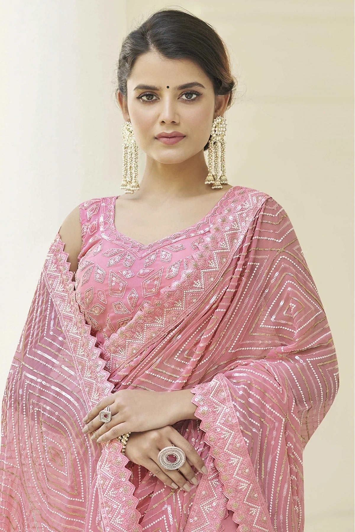 Baby Pink Georgette Thread Saree NCSD10810615