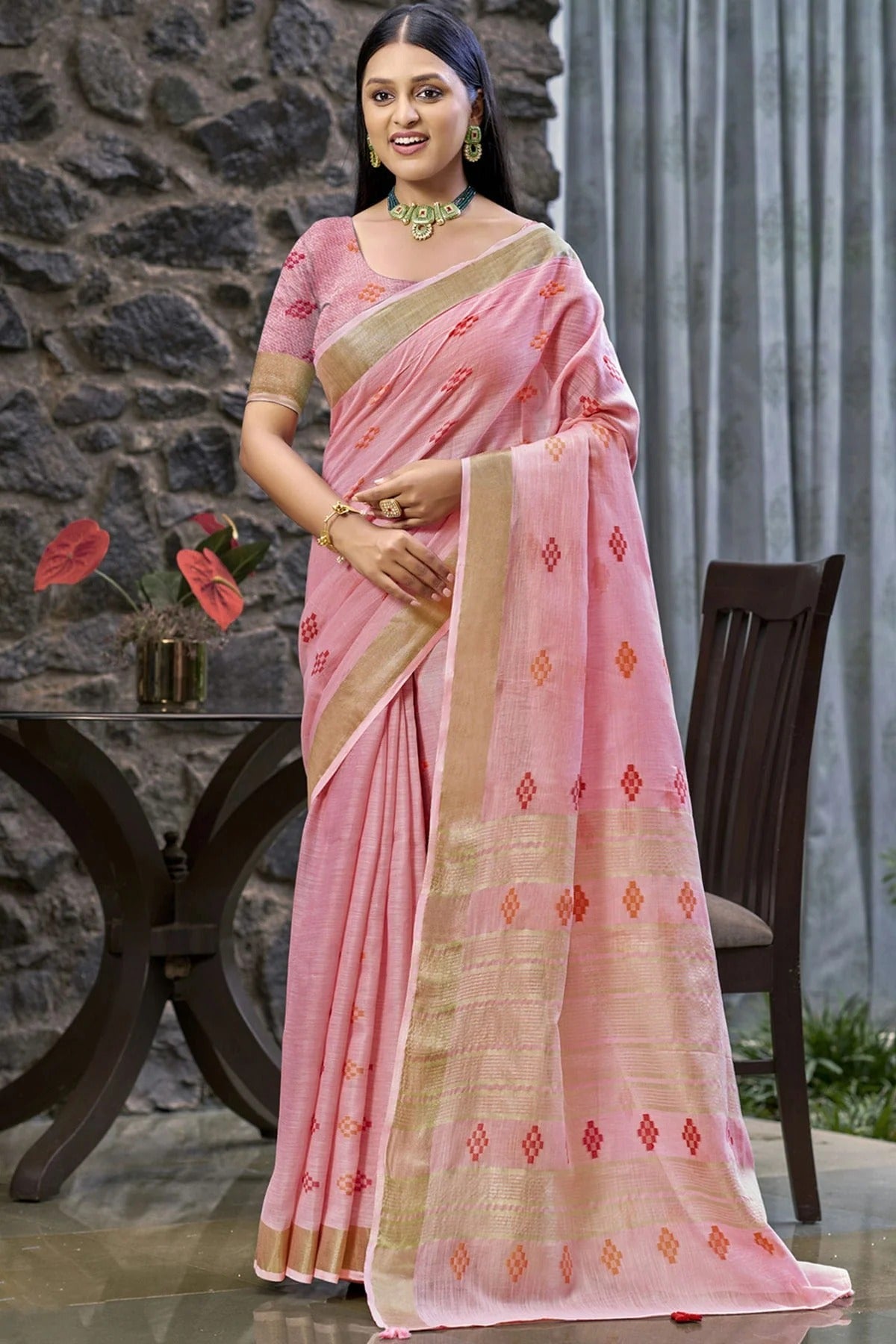 Baby Pink Linen Woven Traditional Saree NCSD11010215