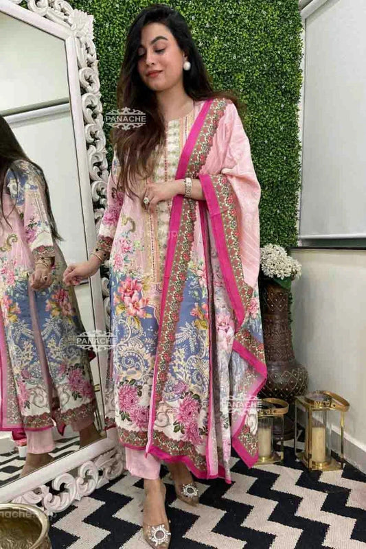 Baby Pink Muslin Cotton Stitched Pant Style Suit NCSS11410204