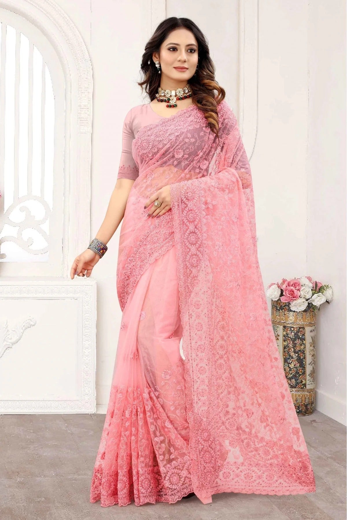 Baby Pink Net Designer Saree NCSD10910605