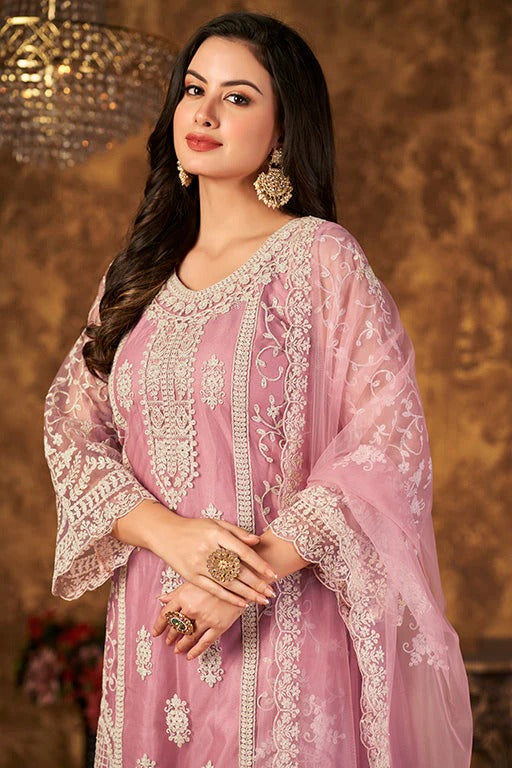 Baby Pink Net Semi Stitched Palazzo Pant Suit NCSM10510392
